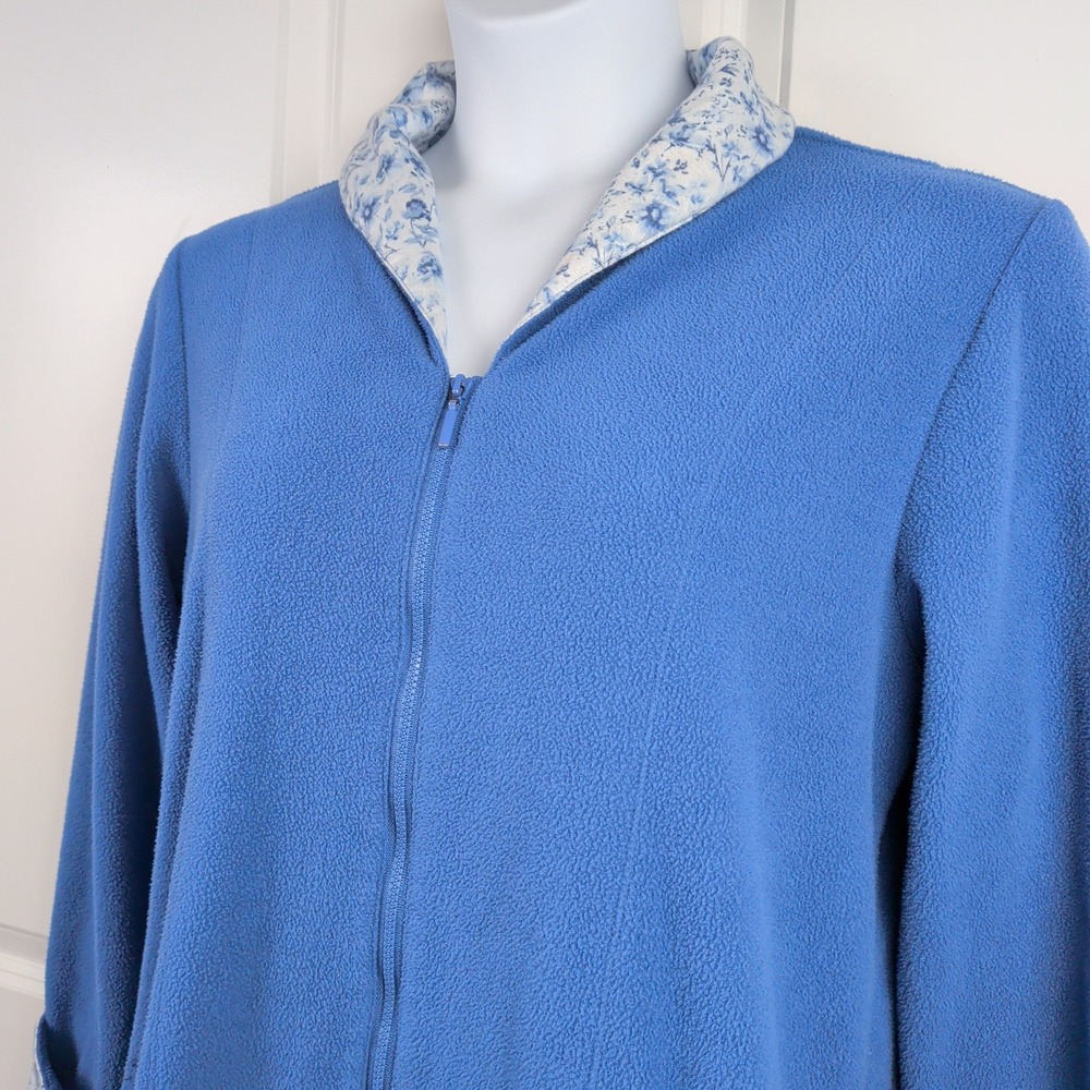 Cuddledown Robe Womens M Blue Fleece Floral Trim Full Zip Long Pockets Housecoat